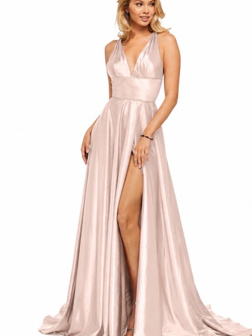 NWT Sherri Hill $398 MSRP Satin V-Neck Blush Pink Evening Gown with High Slit 10